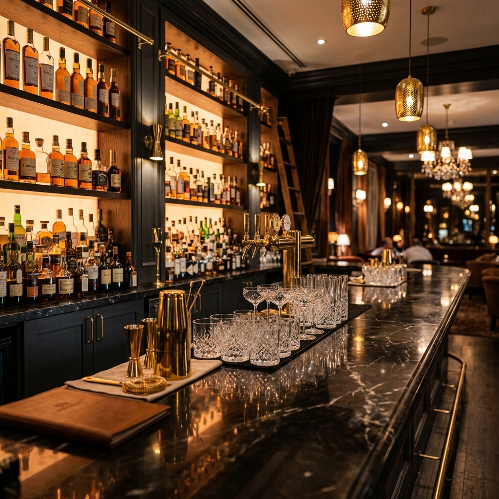 Luxury bar with premium spirits and warm amber backlighting