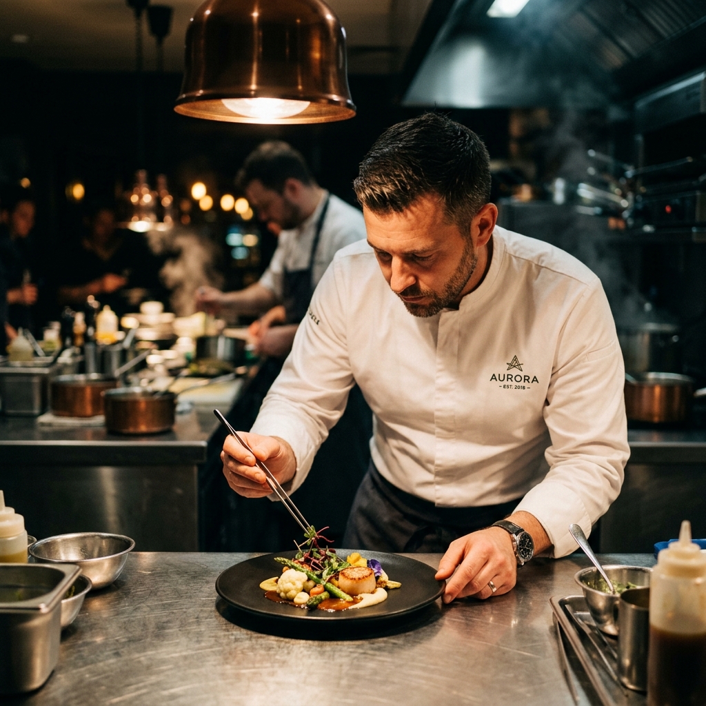 Executive chef artistically plating a fine dining dish in professional kitchen