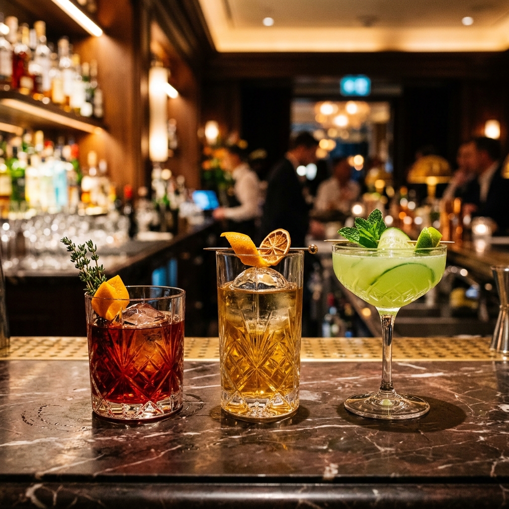 Three premium craft cocktails on dark marble bar top