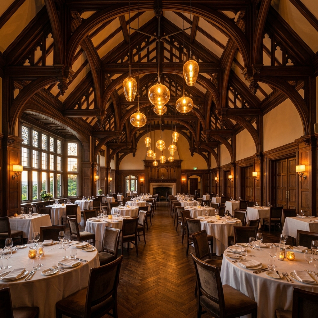 Prototype restaurant main dining hall with warm amber lighting and elegant table settings