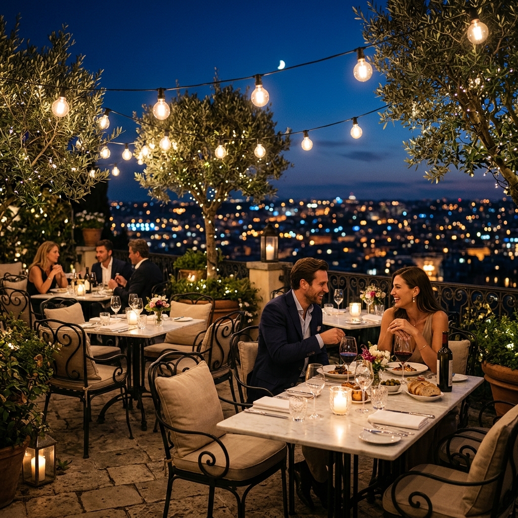 Outdoor terrace dining with Edison string lights and city skyline
